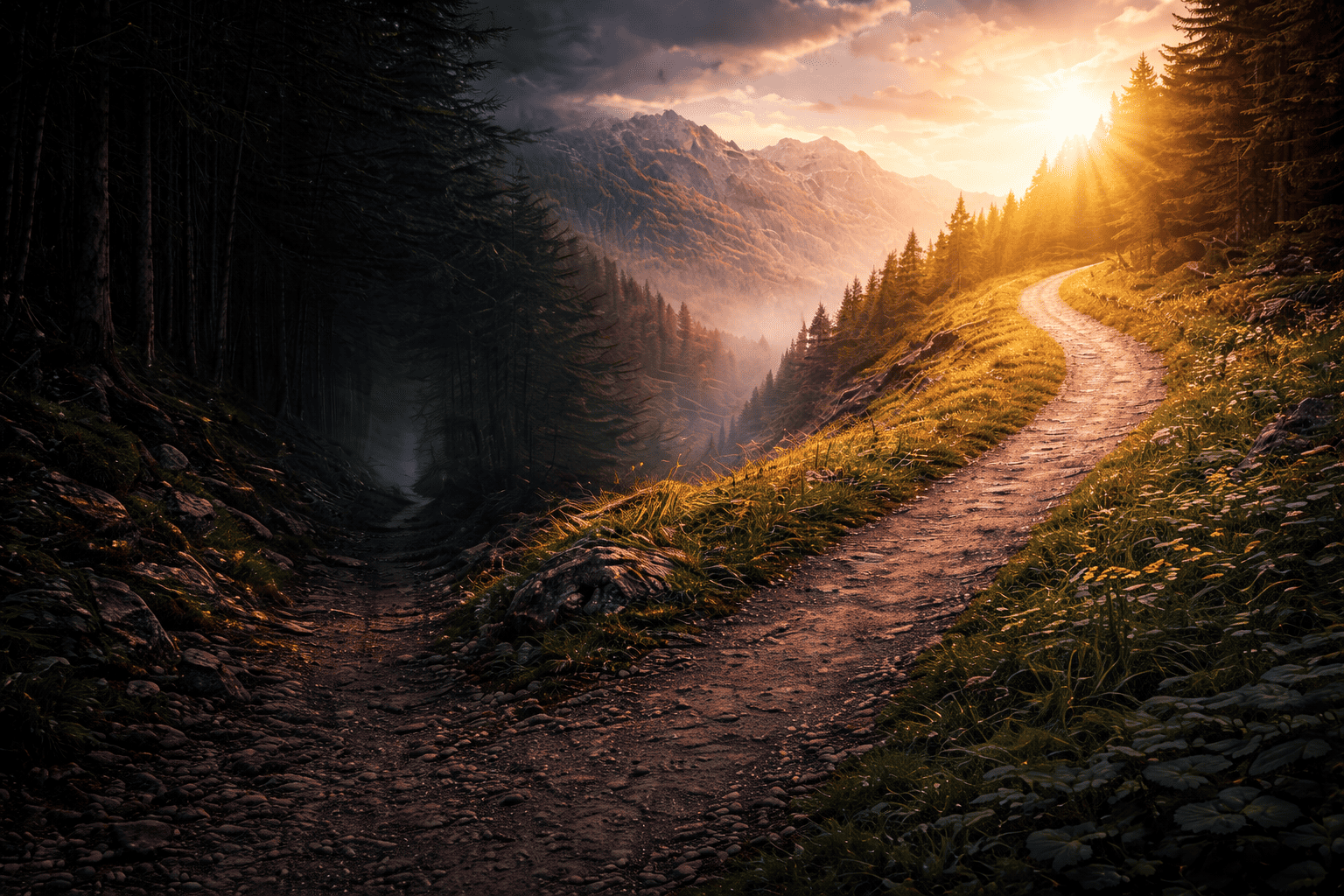 Etre à la croisé des chemins avec chemin lumineux symbolisant le choix d’arrêter de fumer et de prendre un nouveau départ et l'ancien chemin plus sombre celui de l'ancienne habitude de fumer- hypnose arrêt tabac nouveau chemin